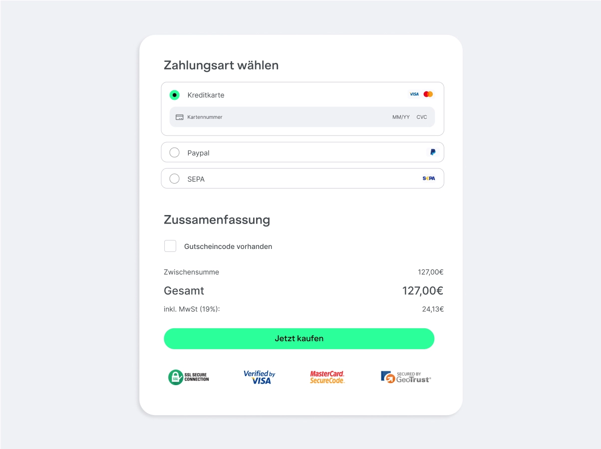 Ablefy's One-Page-Checkout bietet die gängigen Bezahlmethoden an