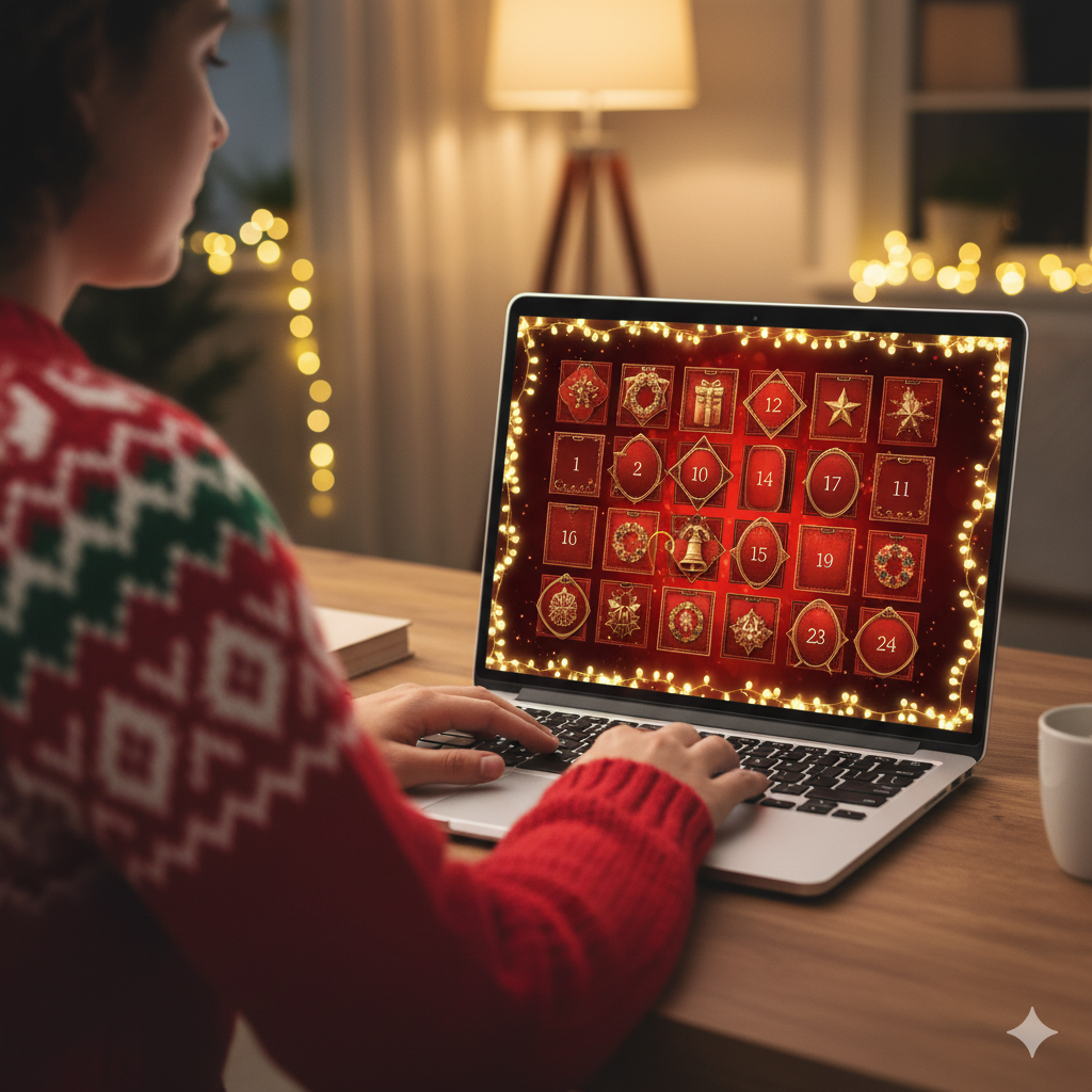 Laptop mit Online-Adventskalender mit 24 Türchen
