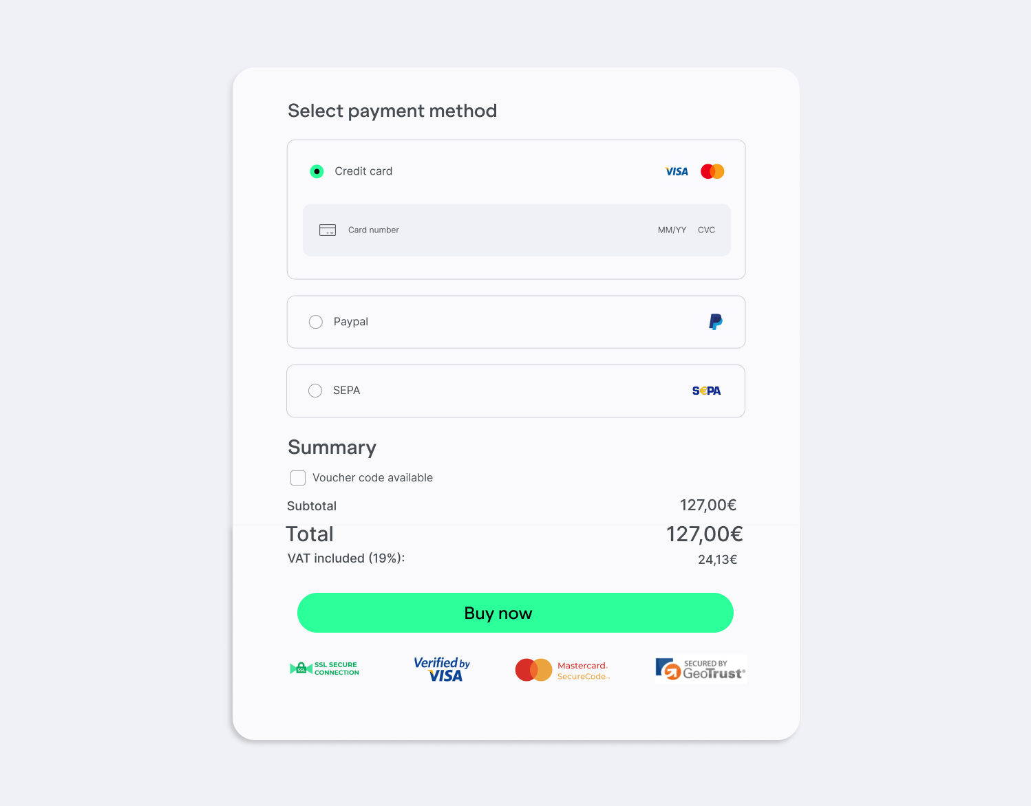 Ablefy's one-page checkout offers the most common payment methods