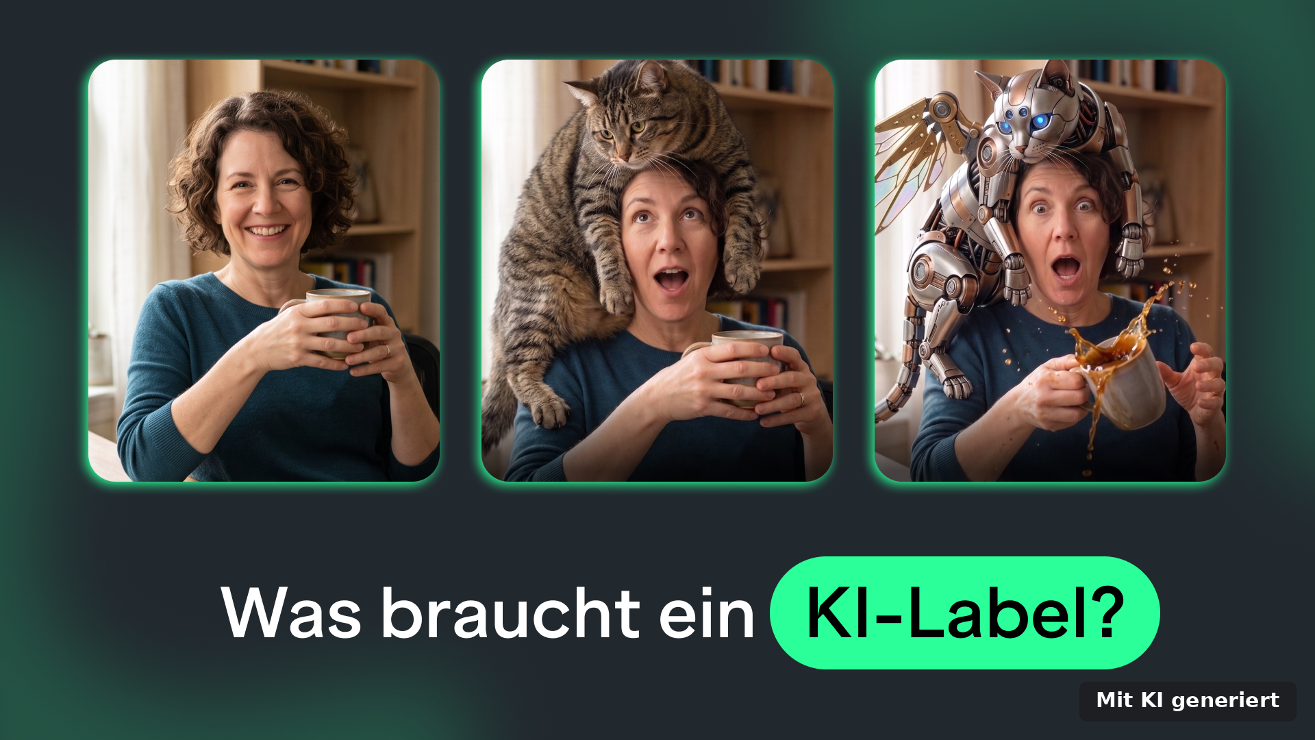 Generated by AI: Image of a woman in three versions—with a cat, with a robot cat